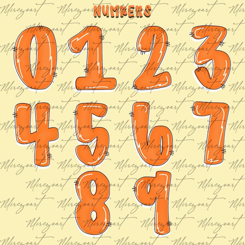 May include: Orange numbers 0 through 9 with a white outline and stitched details. The word "NUMBERS" is at the top in orange and brown. The background is a light yellow with cursive text.