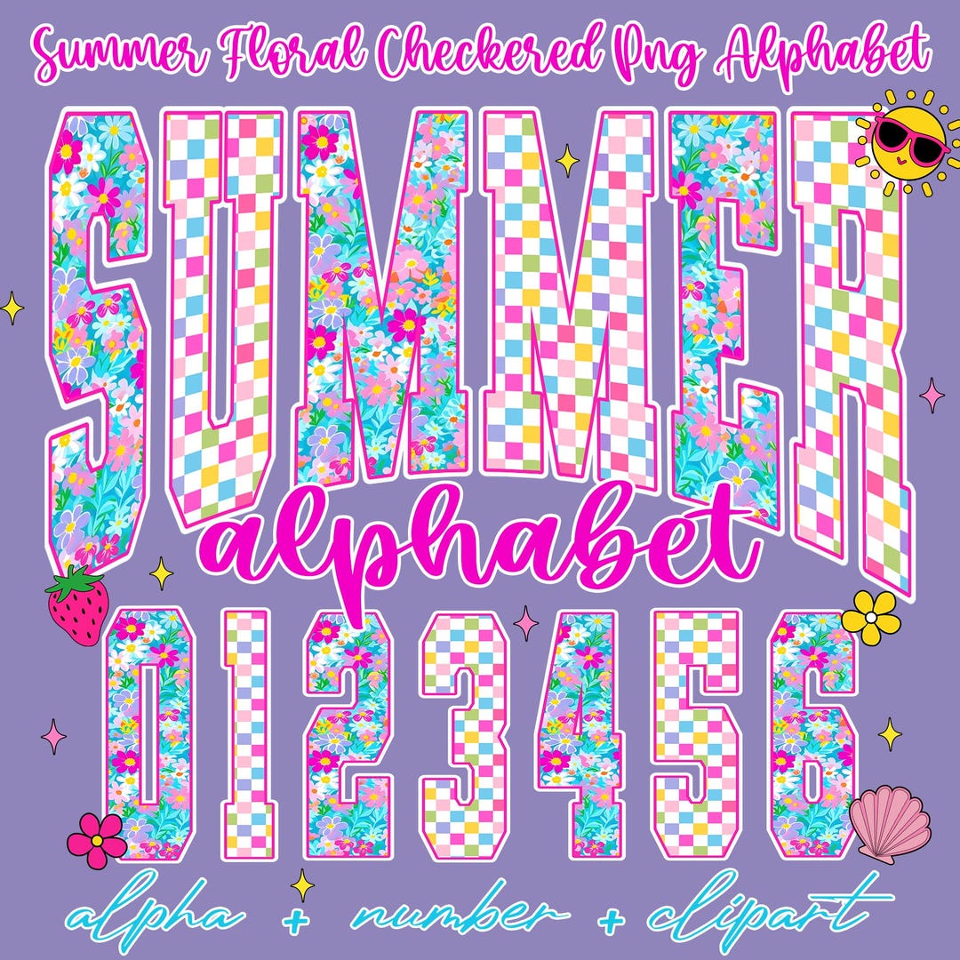 Summer Floral Alphabet PNG Bundle Checkered Letters Numbers Clipart ...