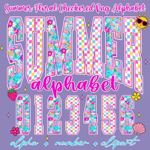 Può includere: Design digitale con la parola "SUMMER" in grandi lettere floreali con un motivo a scacchi. Sotto, la parola "alphabet" è scritta in un carattere corsivo. Sono inclusi anche i numeri 0-6, insieme a elementi decorativi come un sole, una fragola e una conchiglia.