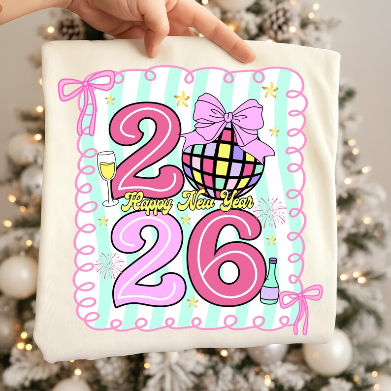 May include: A cream-colored t-shirt featuring a colorful graphic for the New Year. The design includes the numbers "26" in pink, a disco ball, champagne glass, and the words "Happy New Year". The design is framed with a pink border and bows.
