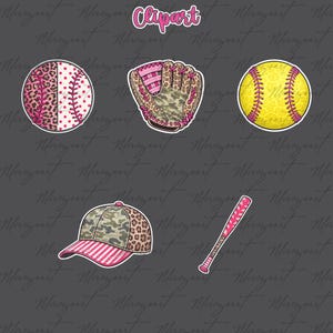 May include: A collection of baseball and softball-themed clipart. Includes a baseball with a pink leopard print, a baseball glove, a yellow softball, a camouflage and leopard print baseball cap, and a pink baseball bat.