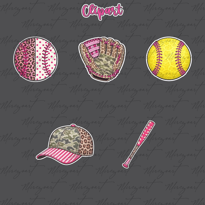 May include: A collection of baseball and softball-themed clipart. Includes a baseball with a pink leopard print, a baseball glove, a yellow softball, a camouflage and leopard print baseball cap, and a pink baseball bat.