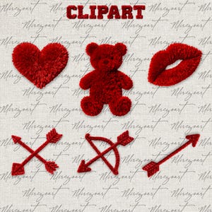 May include: Red clipart elements on a textured background. Includes a heart, teddy bear, lips, crossed arrows, bow and arrow, and a single arrow. The word "CLIPART" is at the top.