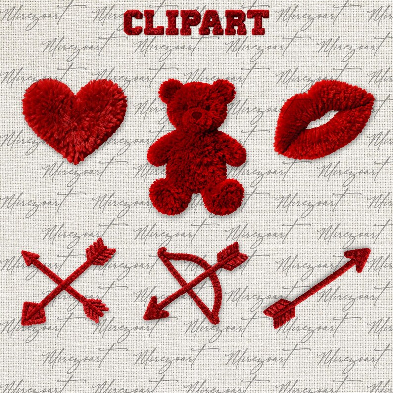 May include: Red clipart elements on a textured background. Includes a heart, teddy bear, lips, crossed arrows, bow and arrow, and a single arrow. The word "CLIPART" is at the top.