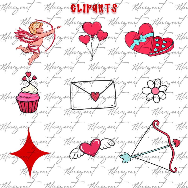 May include: A selection of Valentine's Day-themed clip art. The image includes a Cupid with a bow and arrow, heart-shaped balloons, a heart-shaped gift box, a cupcake, an envelope with a heart, a flower, a star, a heart with wings, and a bow and arrow.