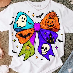 Neon Halloween Bow PNG Glitter Ghost Clipart Cute Spooky Aesthetic for Sublimation, T-Shirts, Party Decor & Digital Crafts