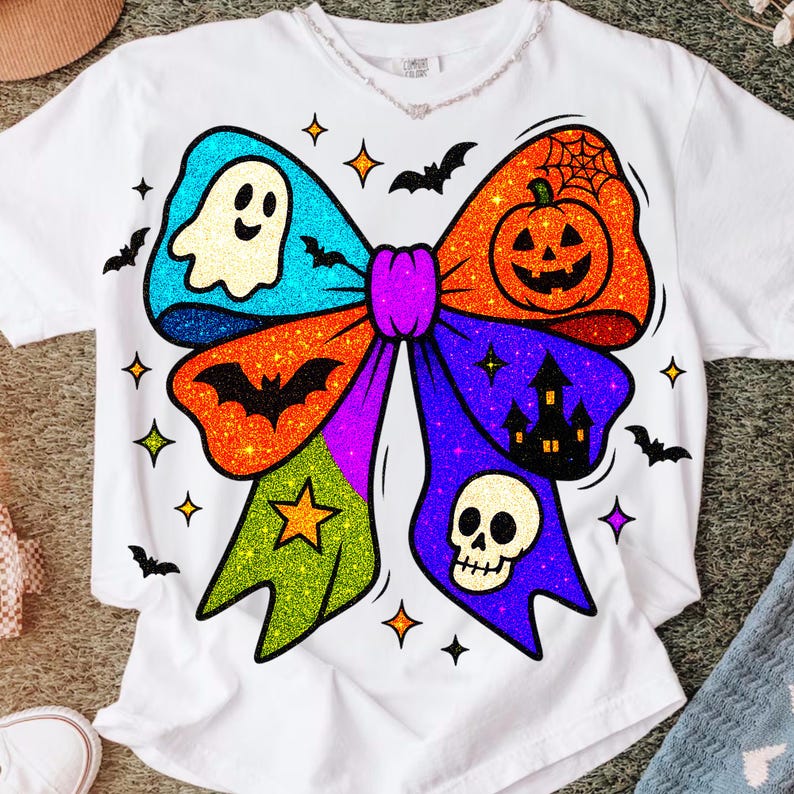 May include: White t-shirt featuring a colorful Halloween bow design. The bow is decorated with a ghost, pumpkin, bats, a skull, and a haunted house. The design includes glitter accents and star shapes.