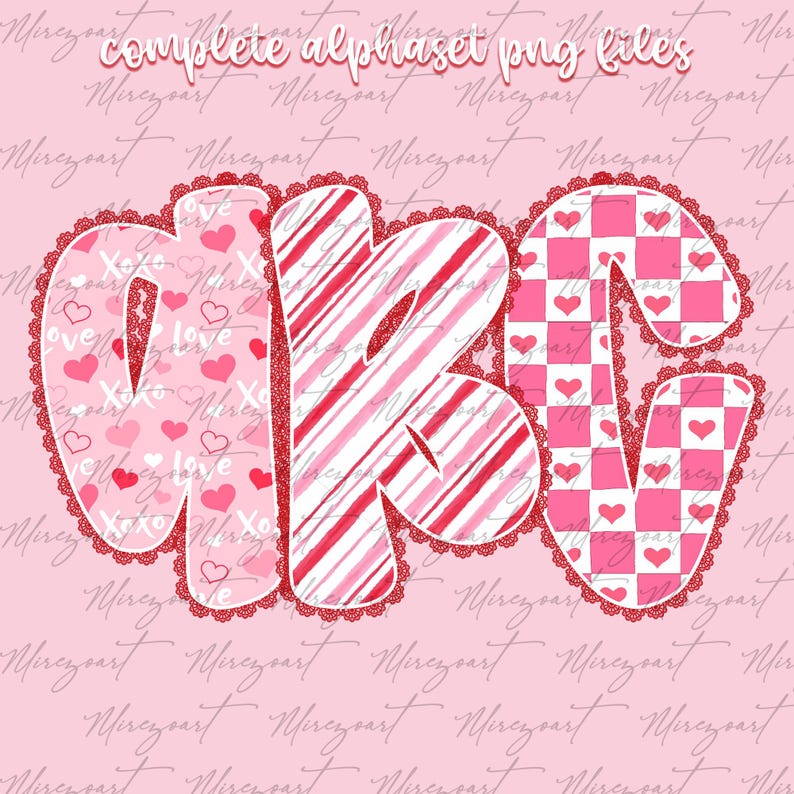 May include: A Valentine's Day themed graphic featuring the letters "GBV" in pink and red. The letters are decorated with hearts, stripes, and a checkerboard pattern, outlined with a lace trim. The text "complete alphabet png files" is at the top.