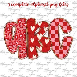 May include: A digital design featuring the letters "ABC" in a bold, outlined font. The letters are filled with various patterns, including leopard print, hearts, and a checkered design. The text "3 complete alphaset png files" is at the top.