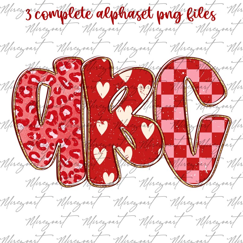 May include: A digital design featuring the letters "ABC" in a bold, outlined font. The letters are filled with various patterns, including leopard print, hearts, and a checkered design. The text "3 complete alphaset png files" is at the top.