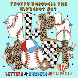 May include: A digital design featuring a baseball-themed alphabet set. Letters and numbers are decorated with baseball stitching, leopard print, and checkered patterns. Includes a baseball, glove, bat, and popcorn. Text reads "Preppy Baseball PNG Alphabet Set" and "Letters Numbers Cliparts."