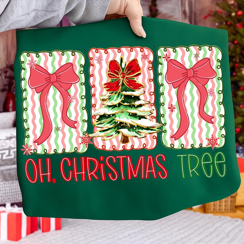 May include: Green Christmas-themed fabric with the text "OH. CHRISTMAS TREE". The design features three rectangular panels with red bows and a Christmas tree. The background has a striped pattern in red, white, and green.