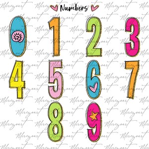 May include: A set of colourful, hand-drawn numbers from zero to nine, each with a gold glitter outline. The numbers are in various colours, including blue, orange, green, pink, and yellow, with heart or star designs. The word "Numbers" is at the top.