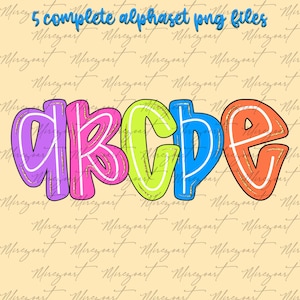 May include: A vibrant set of alphabet letters A to E in a bubble font. Each letter is outlined in gold and filled with different colours: purple, pink, green, blue, and orange. The text "5 complete alphaset png files" is above the letters.