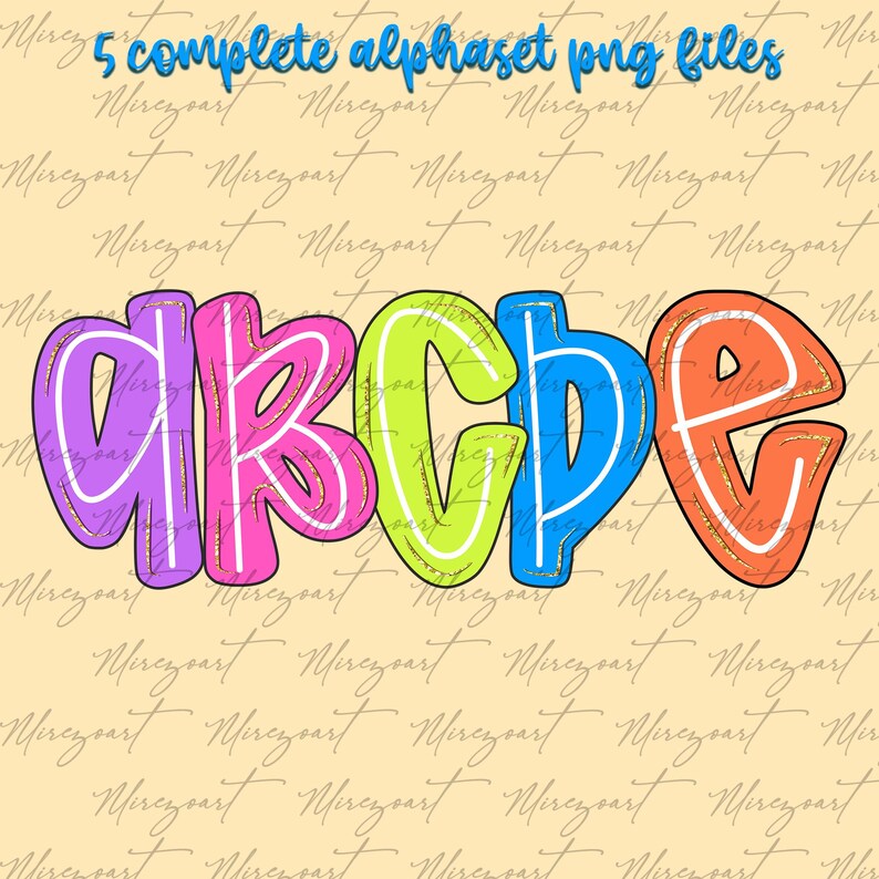 May include: A vibrant set of alphabet letters A to E in a bubble font. Each letter is outlined in gold and filled with different colours: purple, pink, green, blue, and orange. The text "5 complete alphaset png files" is above the letters.