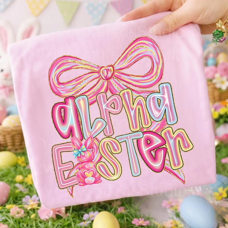 May include: A pink t-shirt featuring the text "Alpha Easter" in a colorful, outlined font, along with a bow and a bunny graphic. The design has a pastel color scheme with gold glitter accents, perfect for Easter.