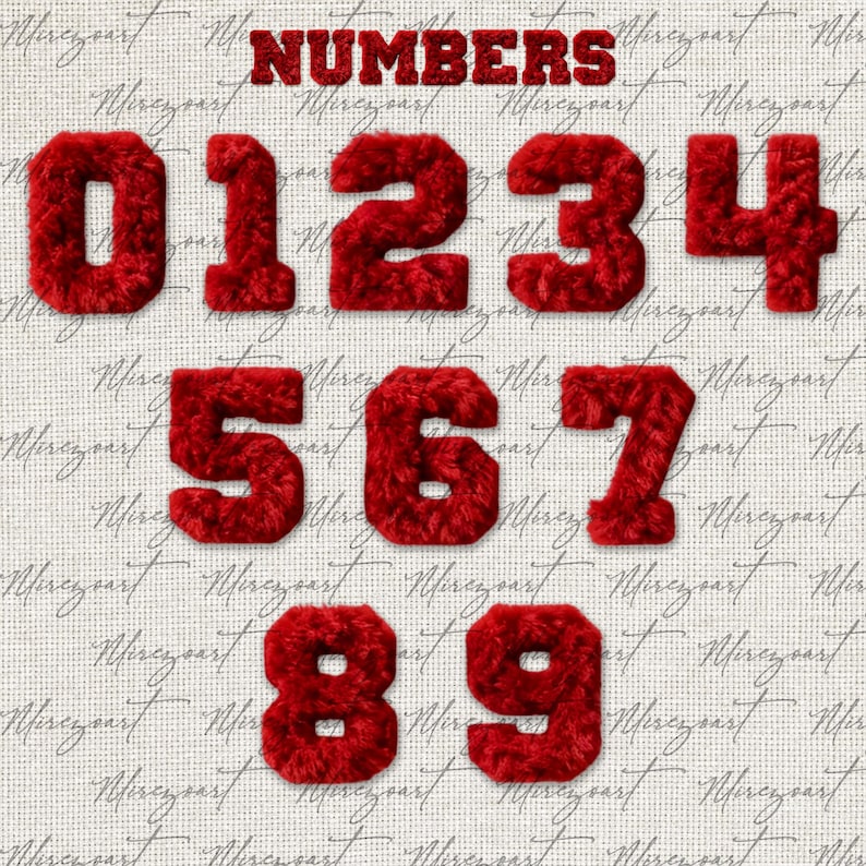 May include: Red, fuzzy numbers 0 through 9 are displayed on a textured, off-white background. The word "NUMBERS" is above the numbers. The numbers appear to be made of a soft, plush material.