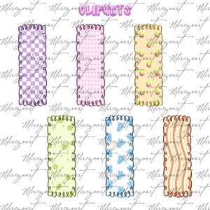 May include: A collection of seven rectangular clip art designs with decorative edges. The designs feature various patterns, including a purple and white checkerboard, pink polka dots, and green with yellow dots. The word "CLIPARTS" is at the top.