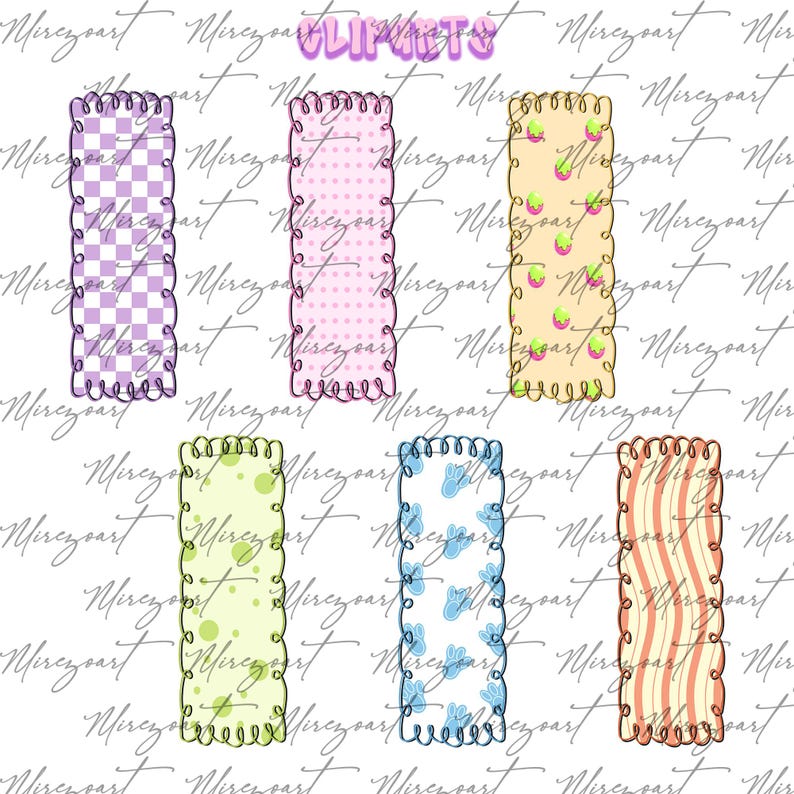 May include: A collection of seven rectangular clip art designs with decorative edges. The designs feature various patterns, including a purple and white checkerboard, pink polka dots, and green with yellow dots. The word "CLIPARTS" is at the top.