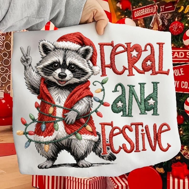 May include: White fabric with a raccoon wearing a Santa hat and red vest, holding up a peace sign. The text "FERAL AND FESTIVE" is embroidered in red and green with star accents. A string of colorful lights is wrapped around the raccoon.