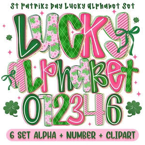 Pode incluir: Um design digital com o tema do Dia de São Patrício com as palavras "LUCKY" e "ALPHABET" em letras grandes e coloridas. As letras são verdes, rosa e brancas, com padrões de trevo e listras. Os números 0-6 também estão incluídos. O texto "6 SET ALPHA + NUMBER + CLIPART" está na parte inferior.