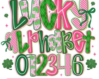 St Patrick’s Day-alfabetet PNG-paket med Shamrock Clipart Lyckobokstäver och siffror i grönt rosa mönster för sublimeringspyssel