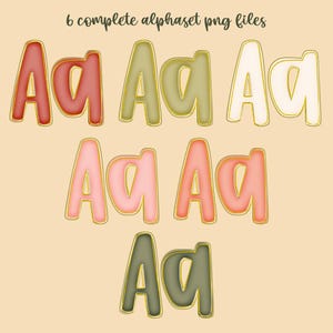 May include: A collection of six complete alphabet PNG files, each featuring the letter "A" in both uppercase and lowercase. The letters are in various colors, including red, green, pink, and white, with gold outlines. The text "6 complete alphabet png files" is at the top.