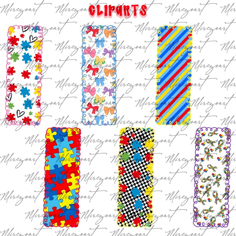May include: A selection of colourful clip art designs. The designs feature puzzle pieces, bows, stripes, and chequered patterns. The word "CLIPARTS" is written in red at the top. The designs have decorative borders.