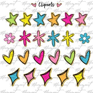 May include: A selection of colourful clip art elements, including stars, flowers, hearts, and diamond shapes. Each design features a black outline and a gold glitter border. The word "Cliparts" is written at the top.
