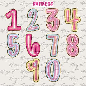 May include: A collection of numbers 1 through 10 in a colorful, bubble-style font. Each number has a gradient effect with pink, blue, and yellow hues, outlined in gold. The word "NUMBERS" is at the top in a pink, bubble-style font.