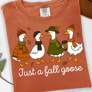 May include: Rust-colored t-shirt featuring a whimsical illustration of four geese dressed in fall attire. The geese are wearing hats, scarves, and a sweater, with one holding a coffee cup. The text "Just a fall goose" is printed below the geese.
