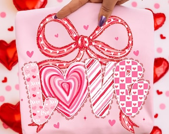 Valentines Day Love PNG with Bow and Hearts, Preppy Coquette Sublimation Design, Pink Romantic Aesthetic Digital Clipart for Shirts