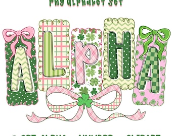 St Patrick’s Day Alphabet PNG Clipart Set with Shamrock Letters Numbers and Green Pink Bow Designs for Sublimation Crafts