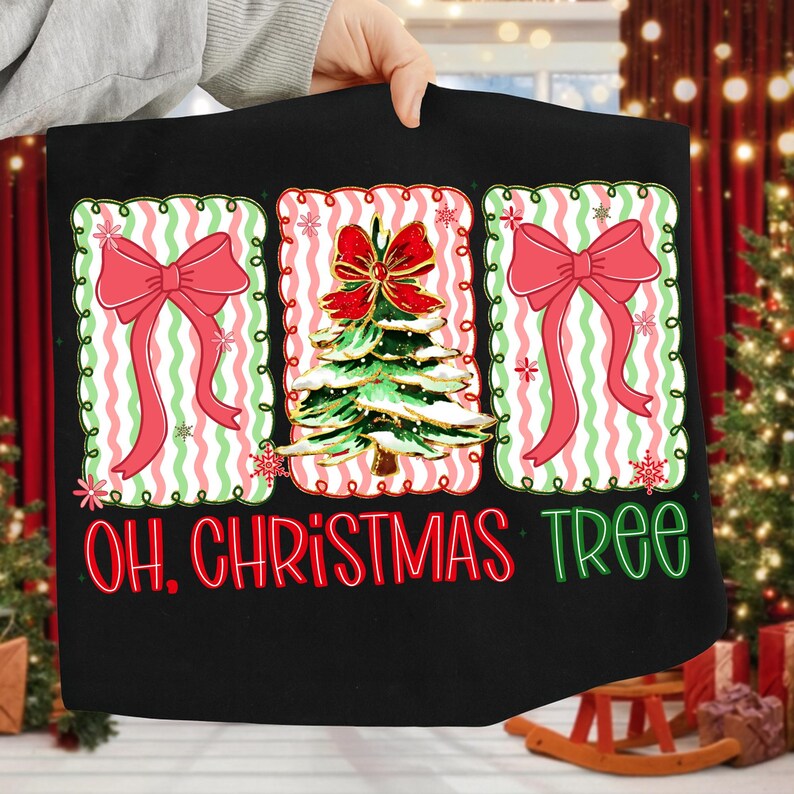 May include: Black Christmas-themed graphic featuring three rectangular designs. The designs include red bows, a Christmas tree, and the text "OH, CHRISTMAS TREE" in red and green. The background has a red and green striped pattern.