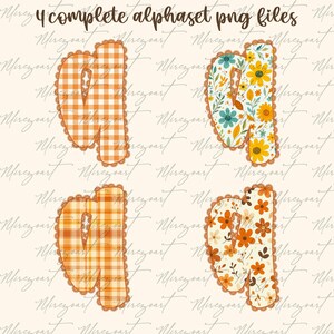 May include: Four complete alphabet PNG files. The letters are in a lowercase "n" shape. Two letters have orange and white gingham patterns, and two have floral designs with orange, yellow, and blue flowers. Each letter is outlined with a decorative lace trim.