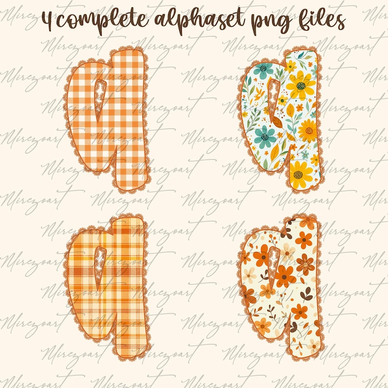 May include: Four complete alphabet PNG files. The letters are in a lowercase "n" shape. Two letters have orange and white gingham patterns, and two have floral designs with orange, yellow, and blue flowers. Each letter is outlined with a decorative lace trim.