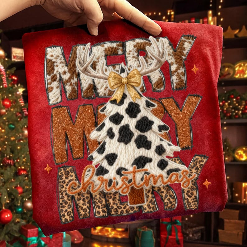 May include: A red Christmas pillow with the words "MERRY CHRISTMAS" in a mix of brown cow print, leopard print, and gold glitter. A Christmas tree with a cow print design and antlers is in the center.