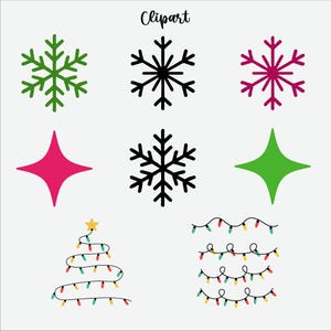 May include: A collection of Christmas-themed clipart elements on a white background. The image includes green, black, and magenta snowflakes, a magenta star, a green star, a Christmas tree made of lights, and strings of colorful lights. The word "Clipart" is written at the top.