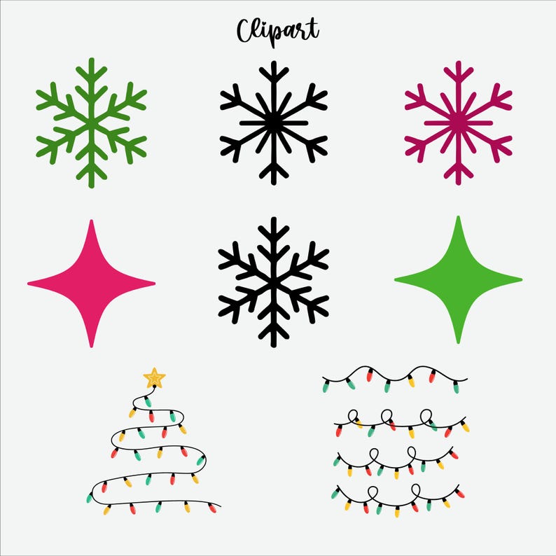 May include: A collection of Christmas-themed clipart elements on a white background. The image includes green, black, and magenta snowflakes, a magenta star, a green star, a Christmas tree made of lights, and strings of colorful lights. The word "Clipart" is written at the top.