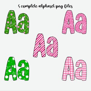 May include: Five complete alphabet PNG files are displayed, each featuring the letter "Aa." The letters showcase various patterns, including pink leopard print, pink and white stripes, green with white polka dots, green with pink stars, and pink gingham.