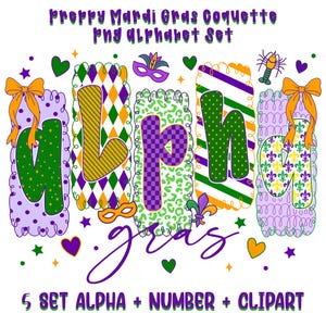 Preppy Mardi Gras Alphabet PNG Set Coquette Style Letters and Numbers ...