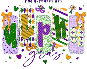 Preppy Mardi Gras Alphabet PNG Set Coquette Style Letters and Numbers with Clipart in Purple Green Gold for Sublimation Crafts