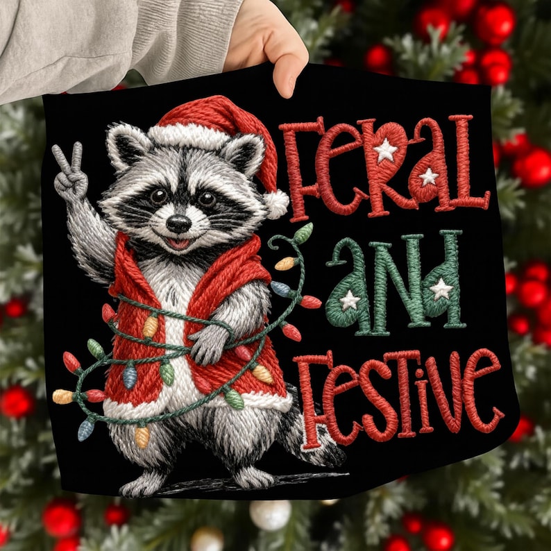 May include: Black square featuring a raccoon wearing a Santa hat and red vest, wrapped in Christmas lights, giving a peace sign. Text reads "Feral and Festive" in red and green.