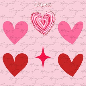 May include: A collection of Valentine's Day-themed clipart elements on a pink background. The image includes various heart shapes in shades of pink and red, a red starburst, and the word "Clipart". The background features a repeating script.