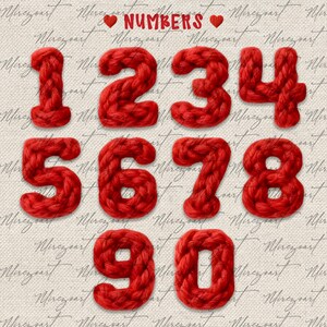 May include: A collection of red knitted numbers from zero to nine, displayed on a textured, off-white background. The word "NUMBERS" is written in red script at the top, with two red heart symbols. The numbers are in a bold, chunky font.