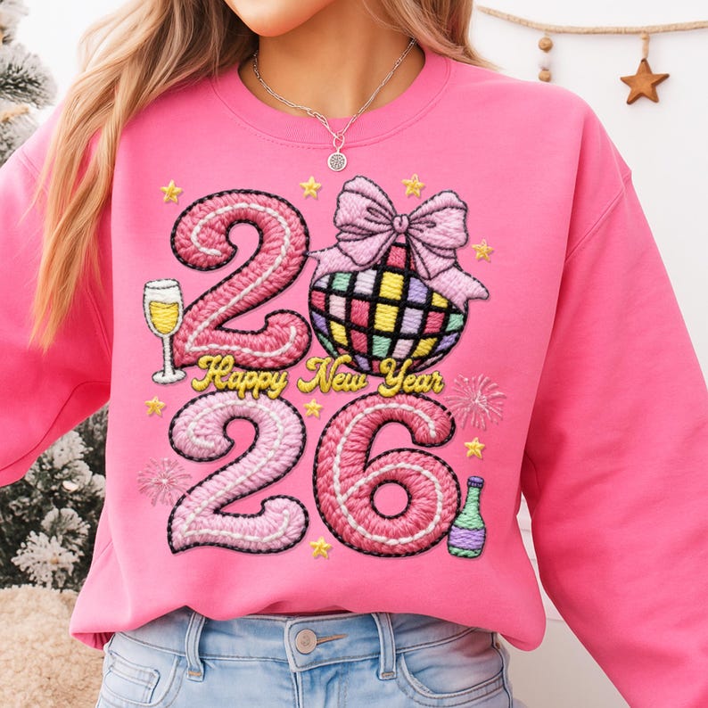 May include: A bright pink sweatshirt with an embroidered design for the New Year. The design includes the numbers "2026", a disco ball, champagne glass, and the words "Happy New Year".