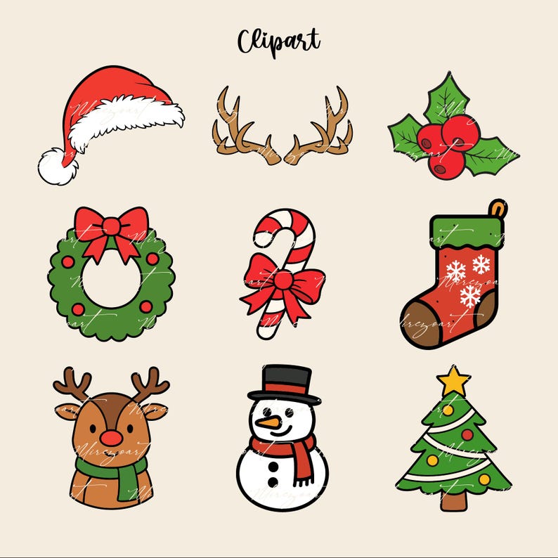 以下が含まれることがあります： クリスマスをテーマにしたクリップアートイラストのコレクション。赤いサンタ帽子、茶色の角、赤い実のヒイラギ、赤いリボンが付いた緑のリース、赤いリボンが付いたキャンディケーン、雪の結晶が付いた赤い靴下、緑のスカーフを着たトナカイ、雪だるま、クリスマスツリーが含まれています。
