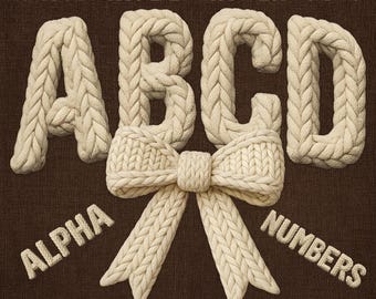 Knitted Rope Alphabet PNG Font Bundle with Embroidery Letters Numbers and Bow Clipart for Cozy Sublimation Crafts and Designs