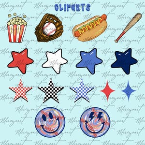 Op de afbeelding: Een verzameling honkbal-thema clipart op een lichtblauwe achtergrond. Bevat een honkbalhandschoen met een bal, een hotdog, een honkbalknuppel, popcorn en diverse sterren. Bevat ook twee smiley honkballen.