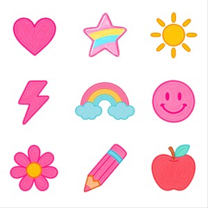 May include: A collection of nine colorful, hand-drawn illustrations on a white background. The images include a pink heart, a star with pastel stripes, a yellow sun, a pink lightning bolt, a rainbow, a smiley face, a flower, a pink pencil, and a red apple.